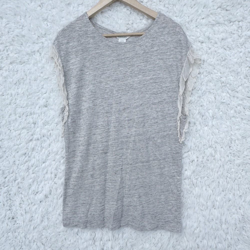 Sundance Womens Linen Top Size S Gray Short Sleeve Ruffle Casual Blouse Stretch